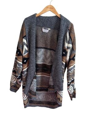 Vintage Made in USA Neutral Gray Brown Swirl Printed Artsy Sweater Cardigan Med